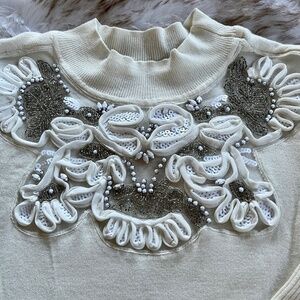 Boston Proper Cream Color Embroidered 3/4 Length Sleeve Sweater